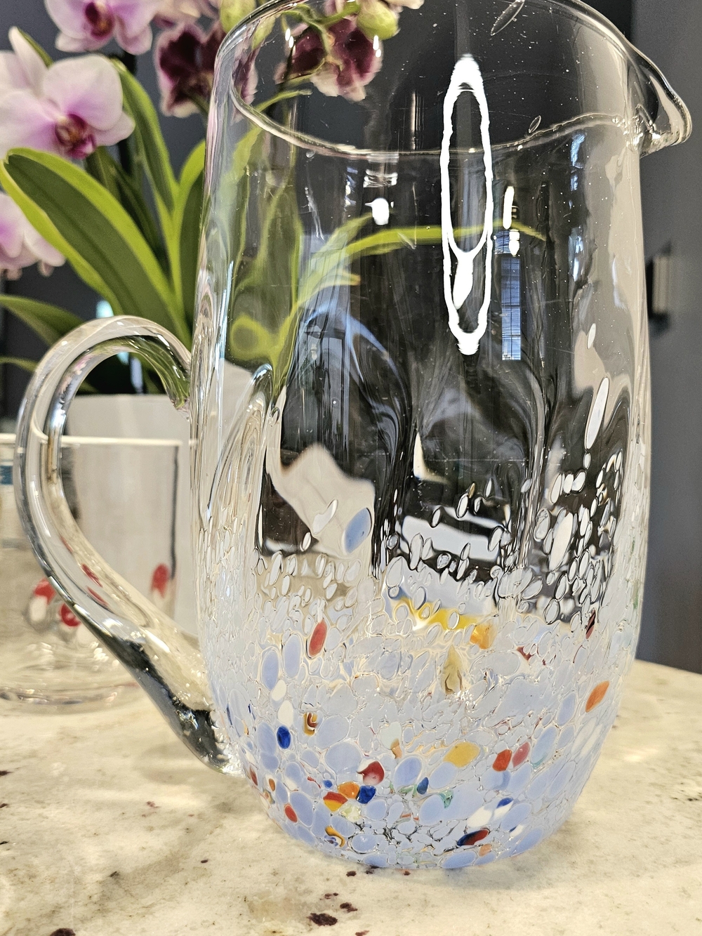Hand-Blown Recycled Ribbed Glass Pitcher Confetti- Home Art Glass Summer Dining